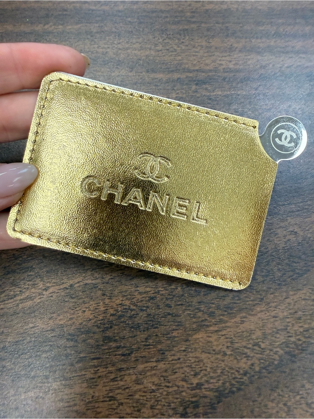 CHANEL • Metallic Gold Mirror and holder purse size collectible